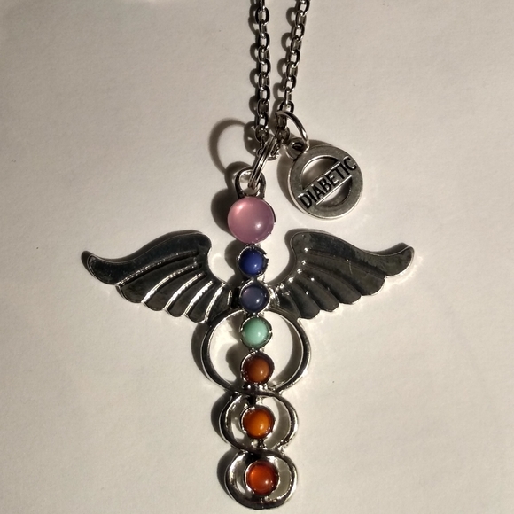 ⚕️ Medic Alert Necklace - Diabetic Charm & Bright Caduceus Staff on 22" Chain - Picture 4 of 4